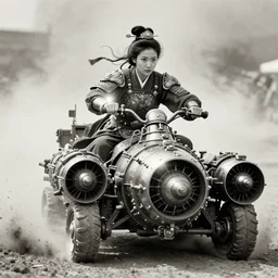 old vintage  photo of  Chinese ancient warrior female  on the complex steam punk hooverboard with Jet engine,  extreme sports photography , dynamic photography,clean symmetrical face, high speed,dirt and grawel flying in the spot,  lens flares, dust in the air, dramatic lighting, intricate, highly detailed, centered, smooth, sharp focus,  sports photography, old photo, black and white, sepia, cinematic lighting, cinematic angle,  national geographic