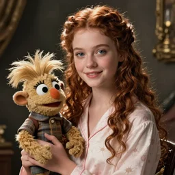 detailed ultrarealistic photography medium shot of fantasy legend young queen in pajama and furry muppet puppet leyendecker, norman rockwell, artstation cinematic, vray game of thrones, lord of the rings, star wars