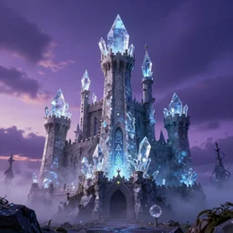 Castle of the crystal from the Dark Crystal (1982), occult symbols are present, ominous mist during a purple sunset, hyperrealistic, octane render, cinematic, art by by Greg Rutkowski and Igor Kieryluk