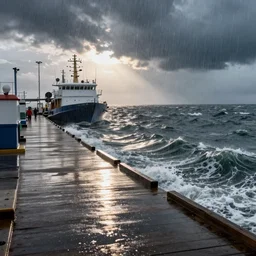 dock of a harbor with rough seas and rain, s, High definition, detailed,
