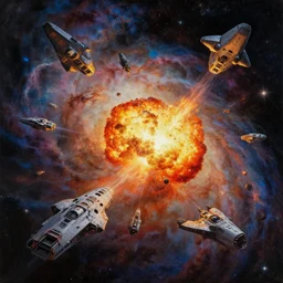 painting of an armada of spaceships from star trek burning and exploding in the middle space, next to a beautiful nebula, wonderful lighting, a detailed matte painting by vilhelm lundstrøm, cgsociety, neo - romanticism, chillwave, matte drawing, official art, trending on artstation