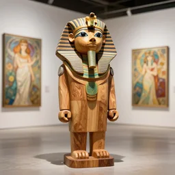 octane render ultra photorealistic hyper detailed, a very very cute wooden mystical statue robot of the egytian natural, trending on cgsociety, in a contemporary art gallery in neo tokyo artwork by alphonse mucha