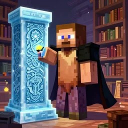 warden character, minecraft, magic library, carving on southern ice porcelain , overdetailed art, complementing colors, magic, colorful lights, detailed illustration