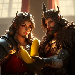 lancelot and guinevere hyper detailed, digital art, trending in artstation, cinematic lighting, studio quality, smooth render, unreal engine 5 rendered, octane rendered, art style by klimt and nixeu and ian sprigger and wlop and krenz cushart and pixar and riot and and, bananas in pijamas