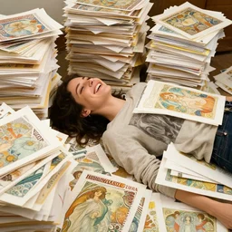 a photograph of a happy woman lying down on her back. she is surrounded by piles and piles of sheets of paper. the papers have art by artgerm and greg rutkowski and alphonse mucha on them.