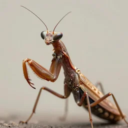 portrait of an anthropomorphic insectoid, predatory praying mantis, flat triangle - shaped head, personified, brown exoskeleton, thin antennae, concept art, deep focus, fantasy, intricate, highly detailed, digital painting, artstation, matte, sharp focus, illustration, art by marc simonetti