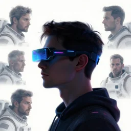 bright background, sillouete side view future coder man, sleek cyclops display over eyes and glowing headset, neon accents, holographic colors, desaturated headshot portrait digital painting by charles camoin, ivan bilibin, dean cornwall, donato giancola, john berkey, astronaut cyberpunk electric lights profile