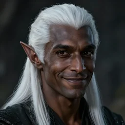 a portrait of a dark drow elf male, medium length slick white hair, charcoal skin, smooth skin, young adult in with late twenties, happy, pointed chin, charcoal color skin, curious expression, style by donato giancola, wayne reynolds, jeff easley dramatic light, high detail, cinematic lighting, artstation, dungeons and dragons