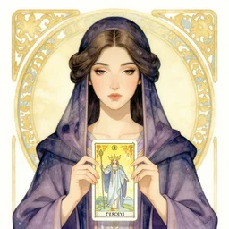 masterpiece head-on symmetrical centered painted portrait, Maya Ali as D&D sorcerer, cell-shading art, watercolour Art Nouveau, wearing wizard robes, elegant, tarot card background, in the style of ROSSDRAWS and Ruan Jia and Ross Tran and Alphonse Mucha and Ayami Kojima and Charlie Bowater and Karol Bak and Jean Delville, rich bright colours