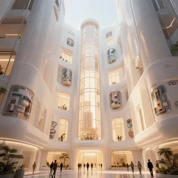 the inside of a very tall building, big pods decorated with cyberpunk motifs attached to the walls, big windows, octane render, warm color, white, cyberpunk inspired architecture by zaha hadid, cinematic, scenery, unreal engine, render, cgsociety, modernism, futuristic, trending on artstation, sci - fi, high detail, high quality, close up angle, people walking