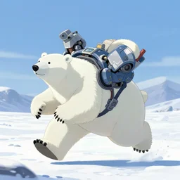 polar bear Mecha, running over the tundra, anime style