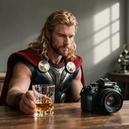 Thor staring sadly at a glass of whiskey, Nikon 50mm camera, documentary lighting