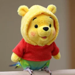 a parakeet wearing a Winnie the Pooh hoodie, photo