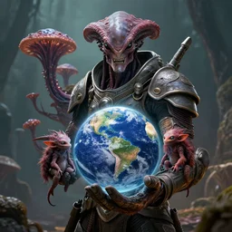 by artgerm and agostino arrivabene, visually stunning, cinematic, ultra realistic, hyper realism, epic, octane render, unreal engine, vfx, maya, alien space knight, holding planet earth inside a palm of his hand, fungal enchanter, murloc tinyfin, dread infernal, wee whelp, battle ram