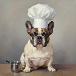 oil painting of a french bulldog chef