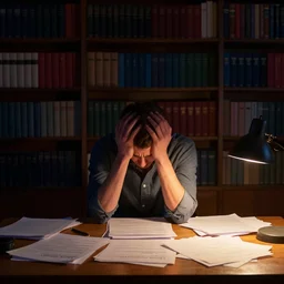 writer struggling, embracing head in own hands, wide shot, bookshelves on background, front view, papers on table, colorful, night lighting, dark room, tiny source of lighting, table lamp, warm colors, cinematic composition, lighting by rembrandt, chaos on table