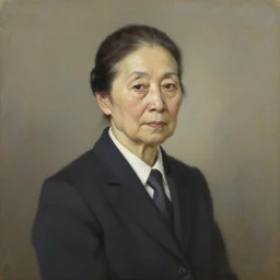 portrait of an elderly Japanese woman dressed on a suit and tie, her hair in a tight bun, a serious expression on her face, oil on canvas, elegant pose, masterpiece, Jonathan Yeo painting