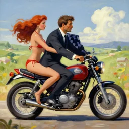 a man in a suit and a woman in a red bikini on a motorcycle, fantasy world, painted by sylvain sarrailh, rhads, ferdinand knab, trending on artstation