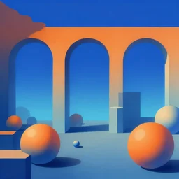 underground underwater surrealism aqueduct and arches 3 6 0 panorama 3 - point perspective escher style pattern of big colorful balls and cubes unfinished orange to blue gradient
