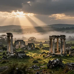 bucolic landscape with antique ruins, high detail, crepuscular ray, light through the mist, dramatic lighting, by Grant Wood, by Bekzinsky, by Salvador Dali, by Antoni Gaudi, by Maxfield Parrish, by Nicholas Roerich, by H.R. Giger