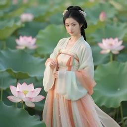 a beautiful picture of a girl in hanfu, lotus flowers are blooming, by greg rutkowski and thomas kinkade, trending on artstation