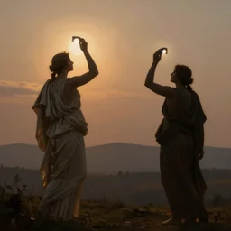 hazy backlit silhouettes of ancient greek muse observing an eclipse at dusk, painted by caspar david friedrich