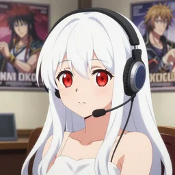 anime visual of a young woman, cute face, large red eyes, long white hair, ( ( wearing a headset in her room interior ) ), poster by murata range, ilya kuvshinov, masakazu katsura, last exile