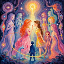 a psychedelic realm where astral beings share love & greg rutkowski & wlop & lisa frank & bob ross & ruan jia & illustration