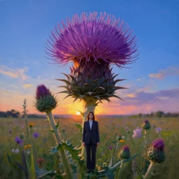giant thistle flower head, girl in suit in field of flowers, surreal photography, sunrise, blue sky, dramatic light, impressionist painting, digital painting, artstation, simon stalenhag