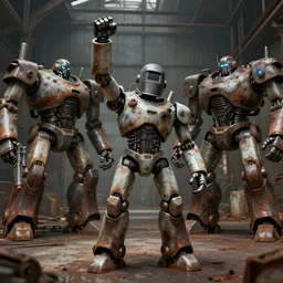 a realistic crazy robot with a welding helmet for a head, one fist raised high in triumph, raised fist, standing in front of many large robots inside a huge rusty dingy warehouse, army of big robots, the robots are large and menacing, raygun gothic, atomic punk, digital art, detailed render,