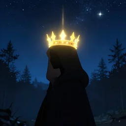 a glowing crown, enigmatic silhouette with hood under a sky full of stars in a forest in england, sunburst, sense of longing, rule of thirds, clever design, decorative modern graphic design collage border, by hannah hoch and jesse treece and christian jackson and josh brill