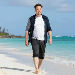 elon musk smiling walking at the beach chilling in aruba
