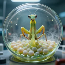 a highly detailed mantis - like alien puking and vomiting thousands of eggs towards the camera, inside a petri dish, in a biotech lab, from love death and robots ( 2 0 1 9 ). sticky liquids, greenish fluids, yellowish steam. coherent portrait, intricate, elegant, suspense environment, digital photo, trending on artstation, hdr photo, smooth, sharp focus