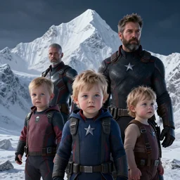 portait of avengers as babies, octane render uhd, filmic lighting, cinematic art shot, hyperrealistic, hyperdetailed, super detailed, 8 k, high resolution, 8 k uhd matte painting by ross tran and ivan aivazovsky, mega high white mountain, midnight