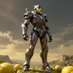 A lemon full body portrait wearing dark matter armor standing on a hill, dynamic lighting, photorealistic concept art, stunning visuals, creative, trending on art station, ultra detailed