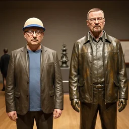 jesse pinkman and walter white has been transformed into inanimate bronze statues, in a museum