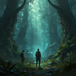 reed people in futuristic spiritual mystical post apocalyptic forest by ron gilbert, dim painterly volumetric aquatic lighting, beautiful, crisp, artstation, highly detailed