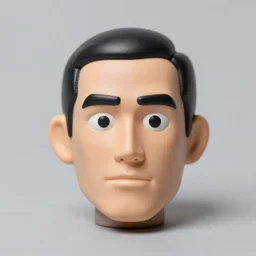 Action figure face portrait. Knockoff character. Parody. Amateur creation. Original character. Product photography. Cheap. Dumb. Unusual.