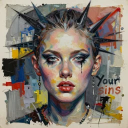 you are a beautiful prey for your sins detailed mixed media collage, assemblage, conteporary art, punk art, single realistic face, photorealistic, expressionism, masterpiece, perfect composition, spectacular quality, intricate oil sweeps