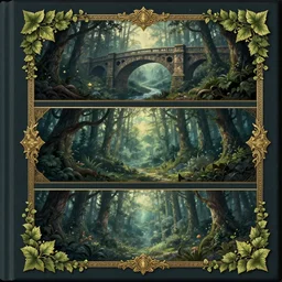 three layers, book cover!!!!!!!!!!!!, old bridge at the background, ivy leaves graphic vectors at each border at the foreground, fantasy forest landscape at the background, fantasy magic, light night, intricate, elegant, sharp focus, illustration, highly detailed, digital painting, concept art, matte, art by wlop and artgerm and ivan shishkin and andrey shishkin, masterpiece