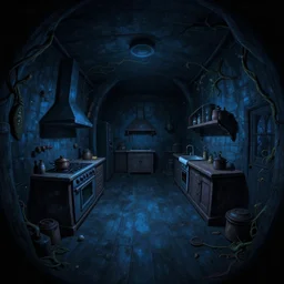 night night night underground basement, dark walls walls walls, fisheye spiral, naive, extra narrow, detailed illustration of a kitchen, large floor, dungeon difuse lighting by rhads from lorax movie, trending artstation, dark blue, vines crawling, tavern