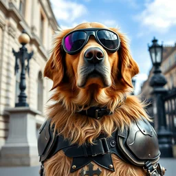 portrait of a golden retriever wearing sunglesses and armour in victorian london, 8 k