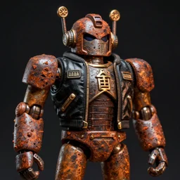 a closeup shot of a beautiful art toy figurine by ashley wood and world of aaa, rusty robot soldier with a black bomber jacket, threea toys, dark background, dramatic studio light