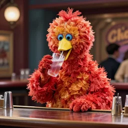 “ a still of big bird drinking at the bar in the tv show cheers ”