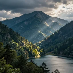 mountains, trees, and lake, in the style of spirited away