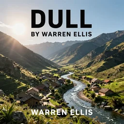 dull by warren ellis. the computer art is of a small village with a river running through it. in the distance, there are mountains. the sky is clear & the sun is shining.