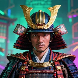 Japanese shogun, illustrated by Greg Rutkowski and Gaston Bussiere, 35mm lens, beautiful macro close-up imagery, vibrantly lush neon lighting, beautiful volumetric-lighting-style atmosphere, a futuristic atmosphere, intricate, detailed, photorealistic imagery, trending on artstation, 4k, 8k