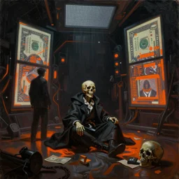 futuristic neon lighting scene of death of the money lenders, modern oil painting by rembrand with led panel screens and projections, dynamic lighting, black and orange colour palette