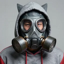 detailed 6 0 0 mm realistic photography of asian guy wear coolest grey red hoodies and gasmask wolf focuses on the nuances of the human face and subtle shifts in tonal value, silhouette composition, neutral, cool - toned palette, fluid patterns, powerful composition, opaque paints, grid method.