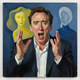 nicolas cage!! freaking out, in the style of georgia o'keefe